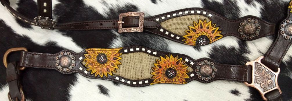 Showman One Ear Headstall &amp; Breastcollar set with burlap inlay with painted sunflower accent #4